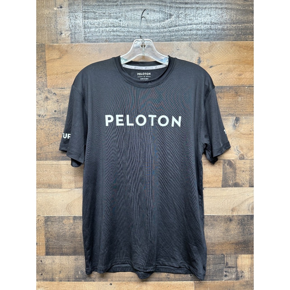 Peloton T-Shirt Mens Small Black Spell Out Logo Century 100 Stretch Performance‎